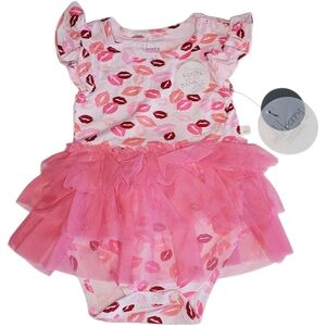 NWT Milkberry One-piece Tulle Skirted Bodysuit Pink Lips Baby Girls 6-9 Months